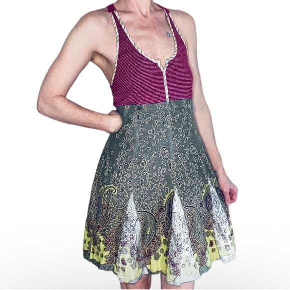 Retro Free People Crochet Floral Hippie Tank Mini Linen Dress - Picture 1 of 6